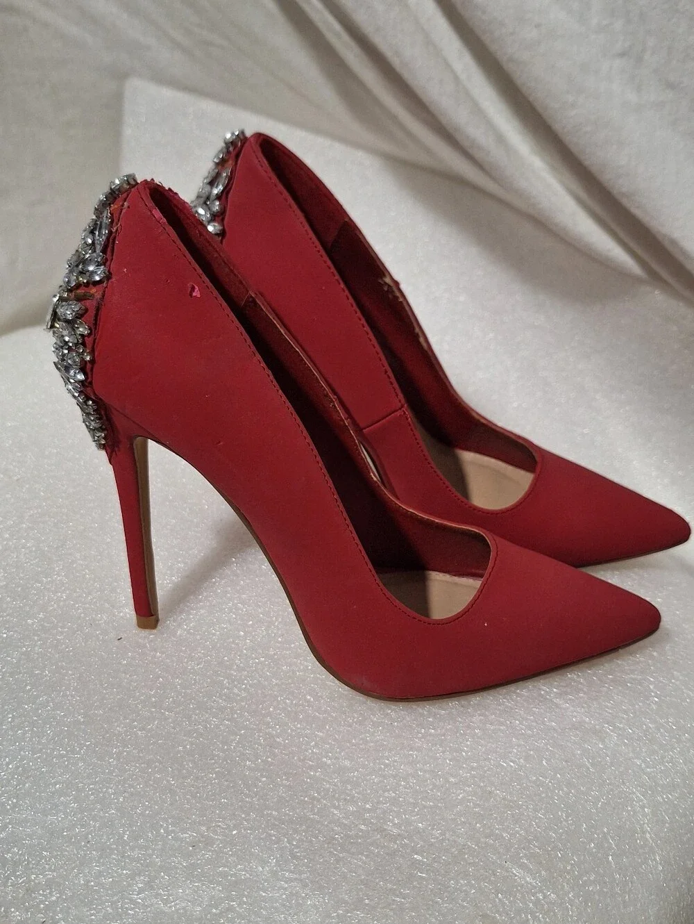 Red Jeweled Pointed-Toe Stiletto Pumps - Women